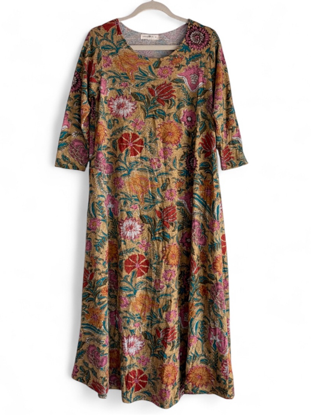 Natural Life Lottie Tan Floral 3/4 Sleeve Long Knit Dress Size M
